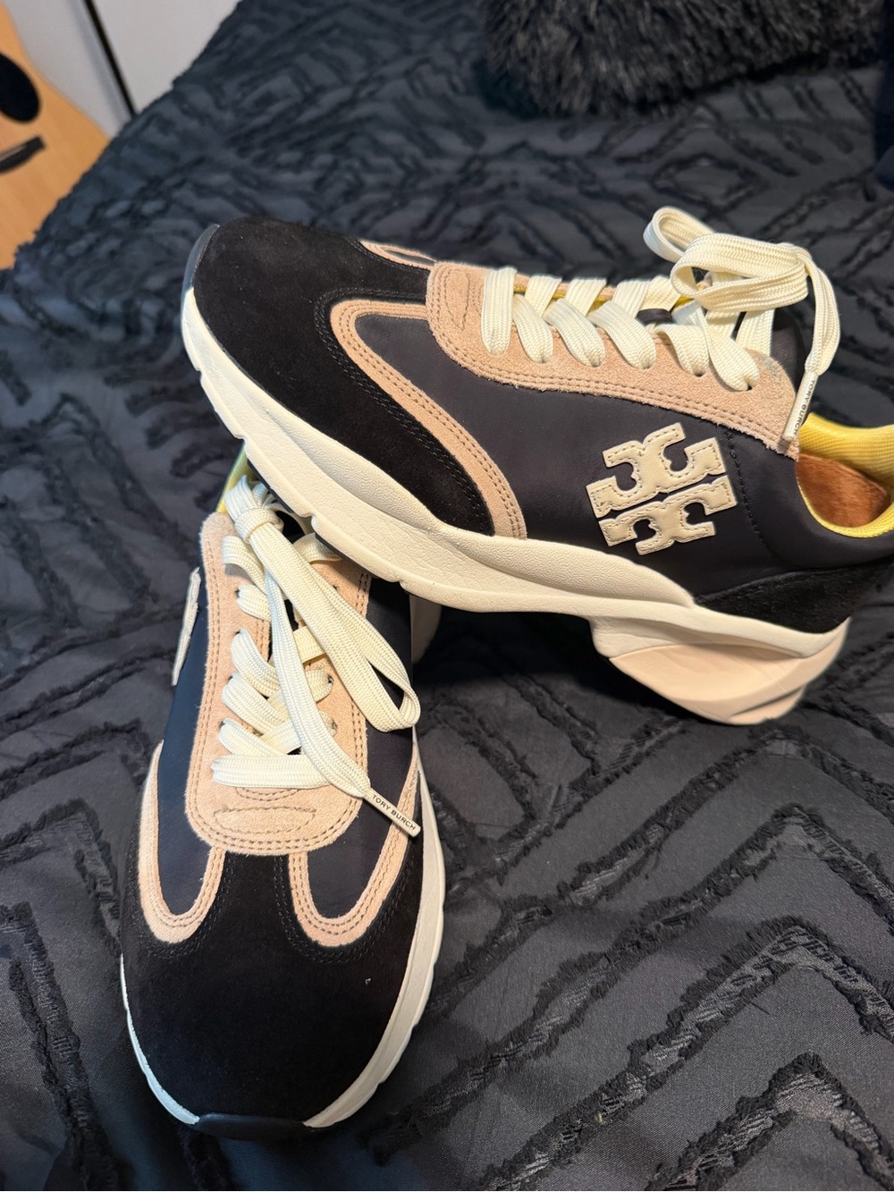Tory Burch Black and Beige Suede & Leather Athletic Sneakers